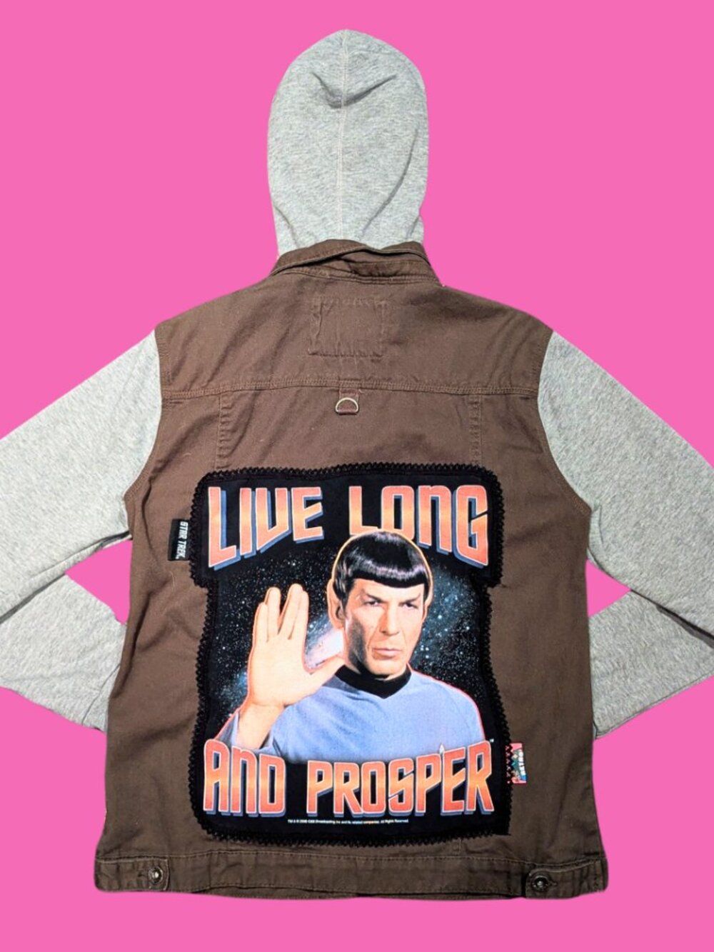 Star Trek Upcycled T-Shirt Denim Jacket with Hoodie Size L